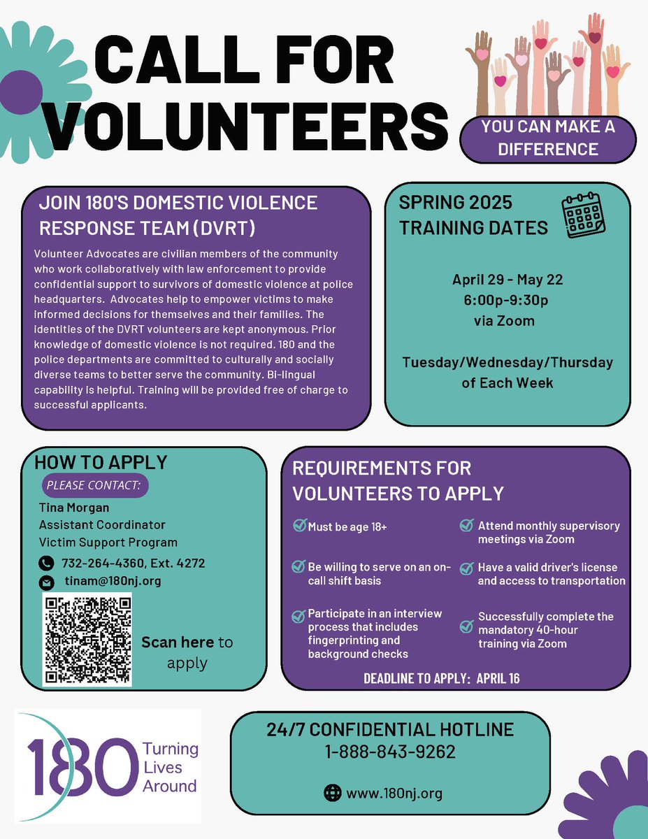 Holmdelpolice's tweet image. VOLUNTEERS NEEDED!
Make a difference by joining the 180 Turning Lives Around Domestic Violence Response Team (DVRT). Applications for the spring session are due by April 16th. To apply, scan the bar code on the flyer, email tinam@180nj.org, or call 732-264-4360 ext. 4272.