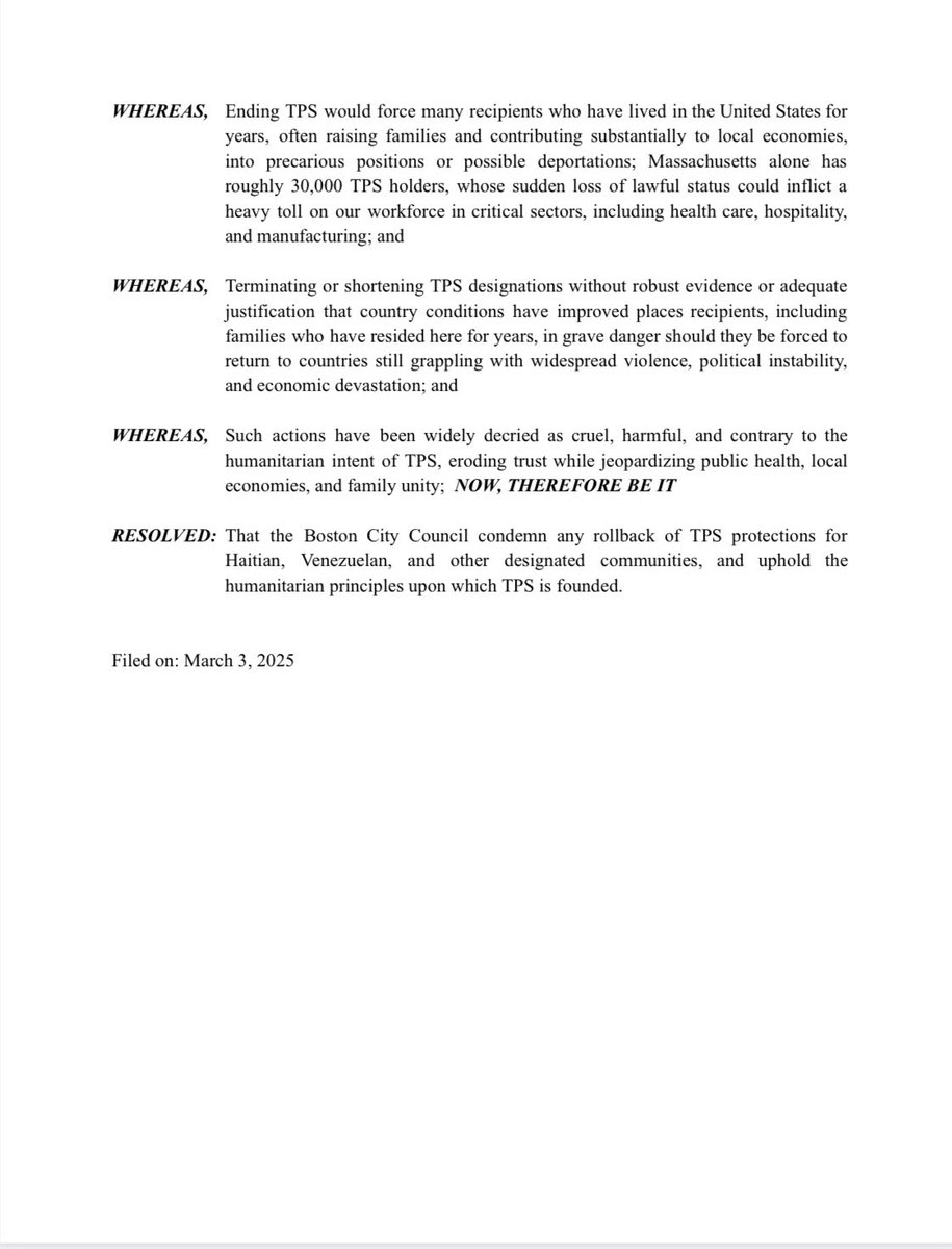 Jordan Frias (@jordanonbluesky.bsky.social) (@jfriasind5) on Twitter photo The <a href="/BOSCityCouncil/">Boston City Council</a> just adopted a resolution denouncing the rollback of TPS for Haitians and Venezuelans, sponsored by Councilors <a href="/Ruthzee/">Ruthzee Louijeune</a>, <a href="/juliaforboston/">Julia Mejia</a> and <a href="/Gigi4District1/">Gabriela Coletta Zapata</a> The <a href="/BOSCityCouncil/">Boston City Council</a> just adopted a resolution denouncing the rollback of TPS for Haitians and Venezuelans, sponsored by Councilors <a href="/Ruthzee/">Ruthzee Louijeune</a>, <a href="/juliaforboston/">Julia Mejia</a> and <a href="/Gigi4District1/">Gabriela Coletta Zapata</a>
