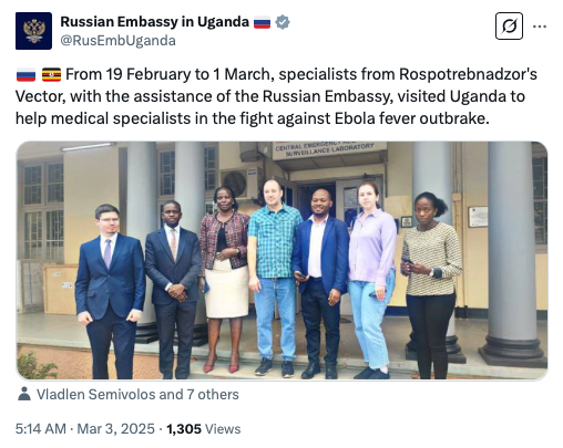 Craig_A_Spencer's tweet photo. As the U.S. abdicates its leadership role in responding to outbreaks worldwide, the Russian Embassy happily tweeting about how they showed up to tackle Ebola in Uganda https://t.co/ZgSlC7XoTz