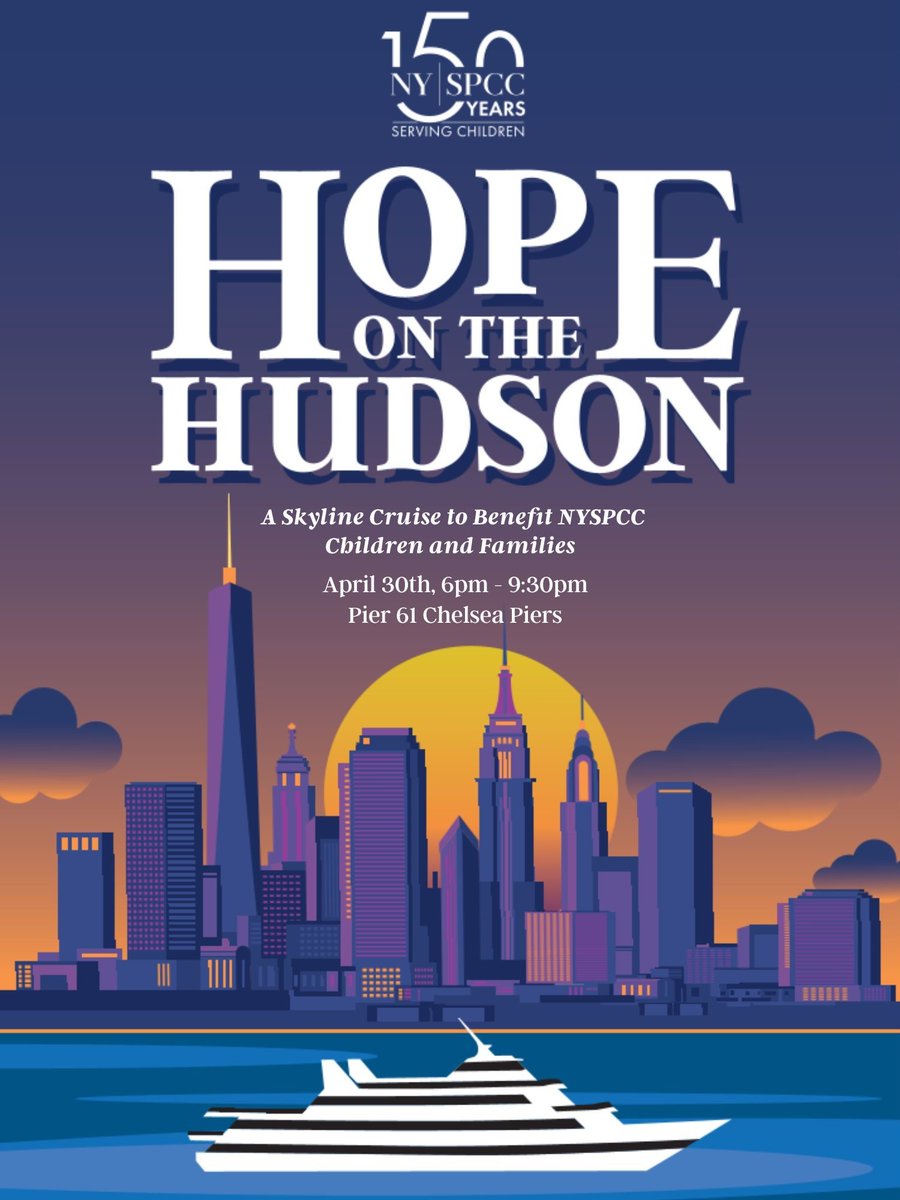 We are celebrating our 150th Anniversary! Join us on a skyline cruise around Manhattan. Set sail on April 30th, 6pm-9:30pm, for an unforgettable evening aboard the Spirit of New York!
nyspcc.org/events/