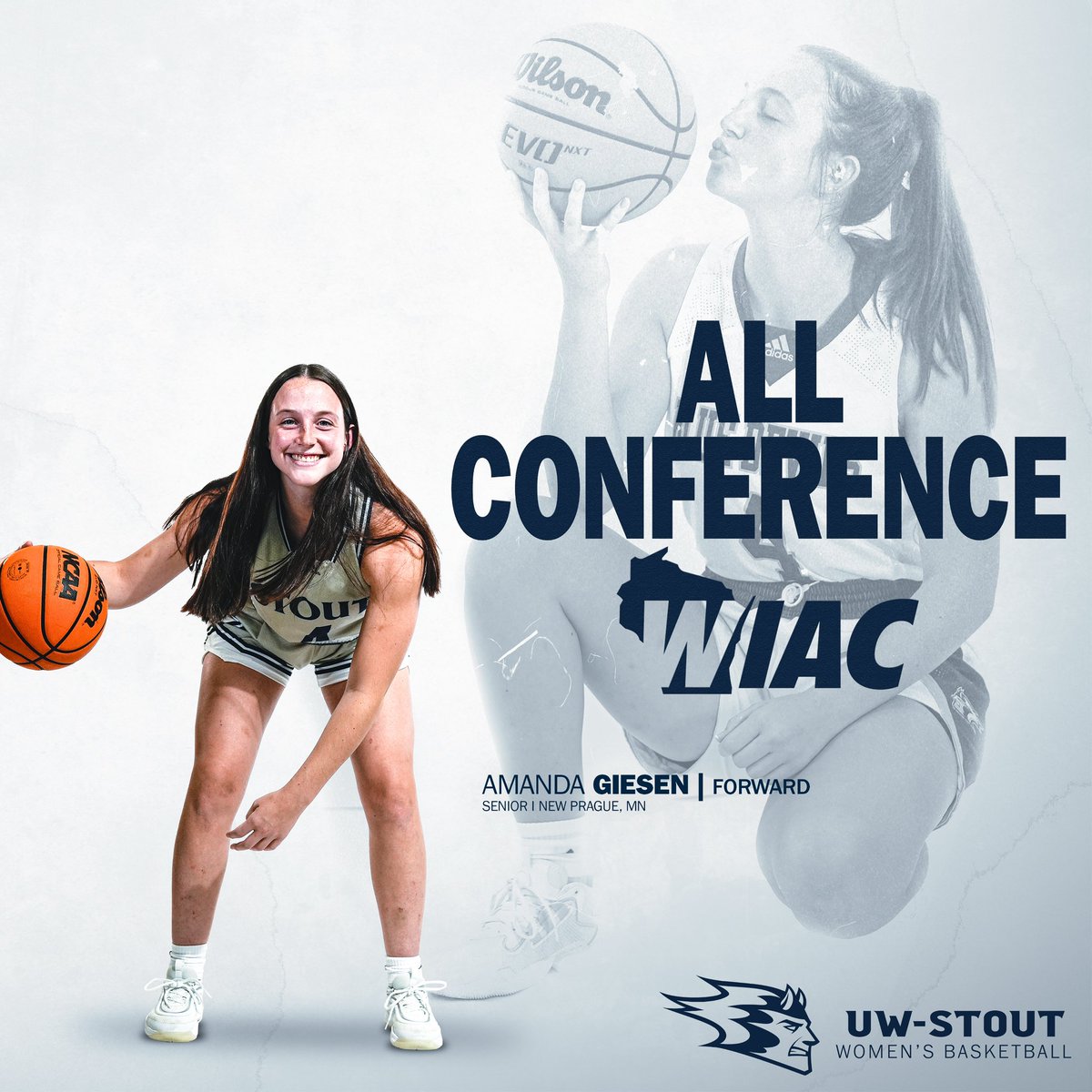 Congratulations to Amanda Giesen (Sr./Forward) named ‘24-25 WIAC All-Conference!! 

Giesen averaged 12.2PPG (12th) at 53% FG (4th) and 4.1RPG. Giesen also scored her 1000th point this season becoming the 16th Blue Devil to reach the milestone &amp; currently 6th all-time w/ 1272 pts.