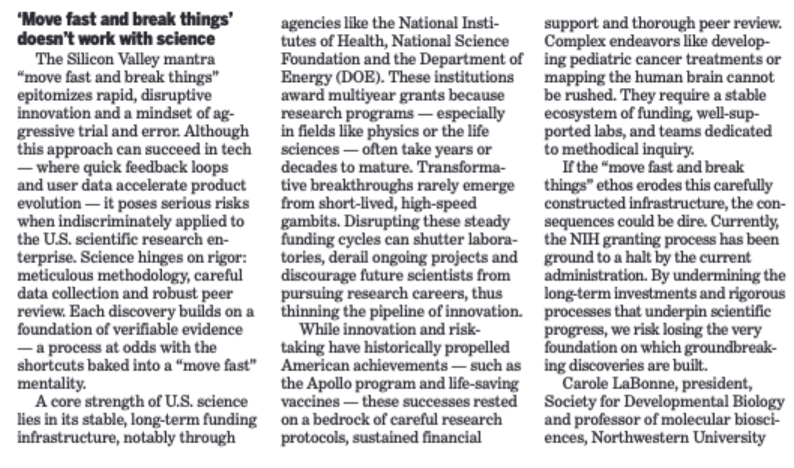 FASEB (@faseborg) on Twitter photo In her compelling op-ed published <a href="/Suntimes/">Chicago Sun-Times</a>, <a href="/SocDevBio/">Society for Developmental Biology</a> President Dr. Carole LaBonne warns that rapid innovation may not be suitable for science—where careful methodology, peer review, and sustained funding are key. If rushed, it risks breaking the very foundation of scientific In her compelling op-ed published <a href="/Suntimes/">Chicago Sun-Times</a>, <a href="/SocDevBio/">Society for Developmental Biology</a> President Dr. Carole LaBonne warns that rapid innovation may not be suitable for science—where careful methodology, peer review, and sustained funding are key. If rushed, it risks breaking the very foundation of scientific