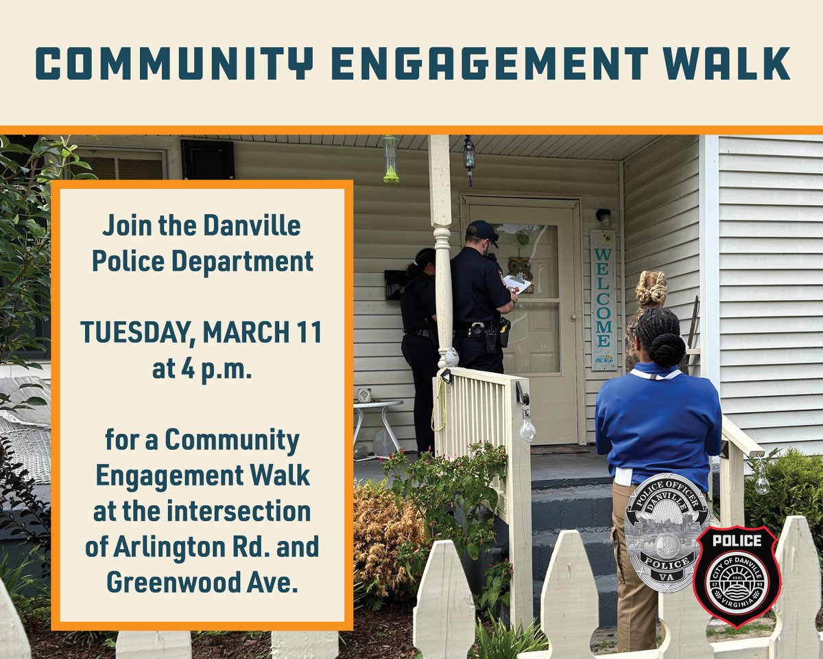 #DanvillePD's next Community Engagement Walk is next Tuesday, March 11, at 4 p.m. at the intersection of Arlington Rd. and Greenwood Ave.

Join us!