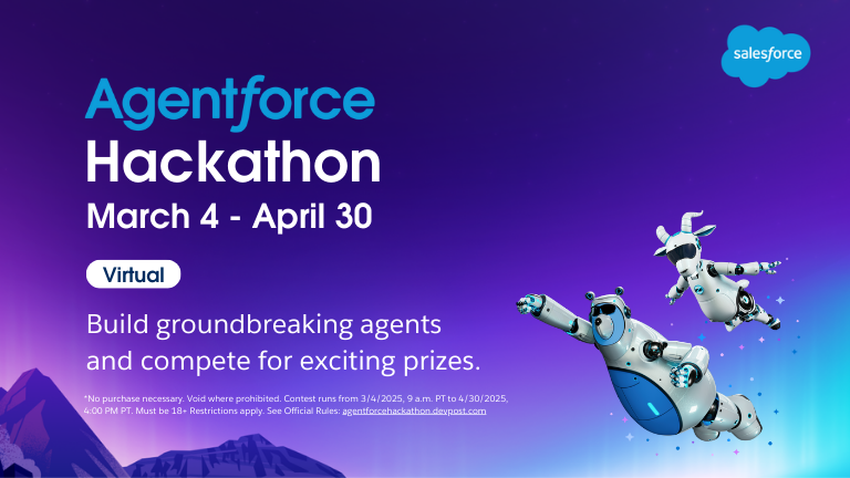 📣 Breaking news from #TDX25! The first-ever Virtual #AgentforceHackathon is here. 

Team up with Agentblazers worldwide, build groundbreaking agents with Agentforce, and compete for prizes—including a $50K Grand Prize! Terms apply.

Join now: sforce.co/41ANM72