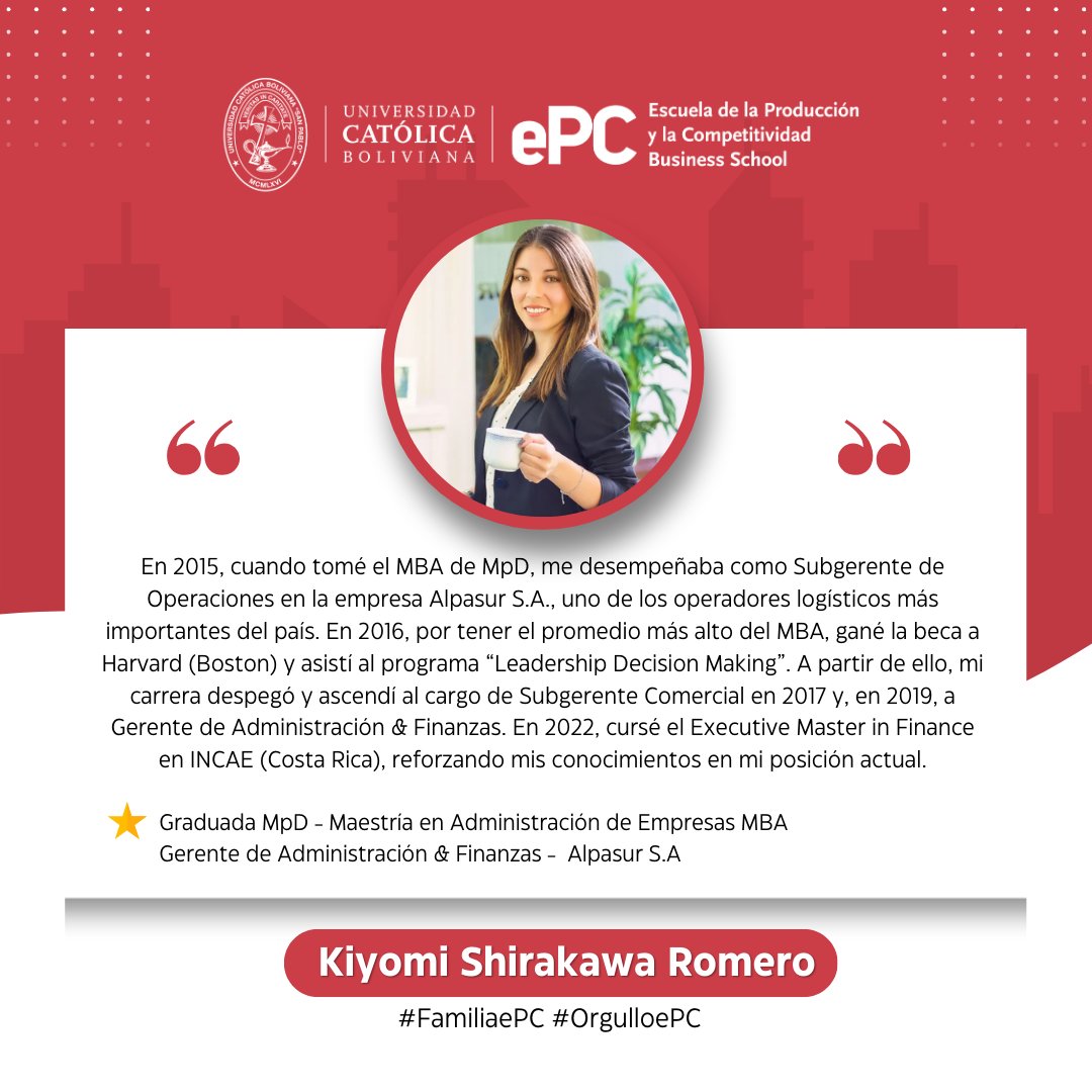 ePC_UCB's tweet image. 🎓 ¡Conoce a nuestros Graduados Destacados! 🎓

Hoy queremos resaltar la trayectoria de Kiyomi Shirakawa Romero, graduada de la Maestría en Administración de Empresas (MBA) de MpD.

#OrgulloePC #FamiliaePC #GraduadosDestacados #Liderazgo #MBA #CrecimientoProfesional