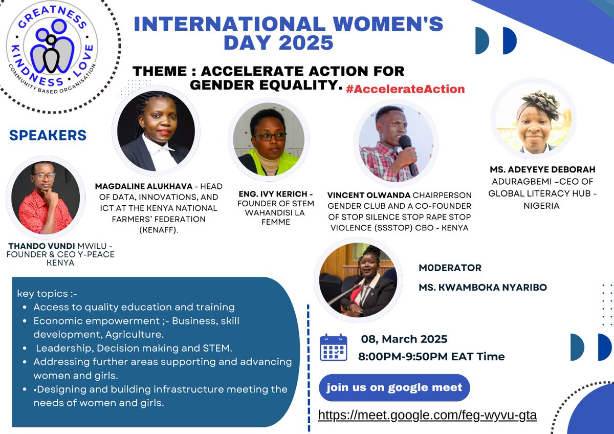 Join GKL CBO online discussion as we commemorate the International Women's Day 2025. 

Date an time: 08th March 2025 at 8:00Pm – 9:50PM EAT 
Theme; - Accelerate Action" for gender equality.  #AccelerateAction

Click on the Link:👉👉🏿 meet.google.com/feg-wyvu-gta
#IWD2025 #WomenEmpowerm