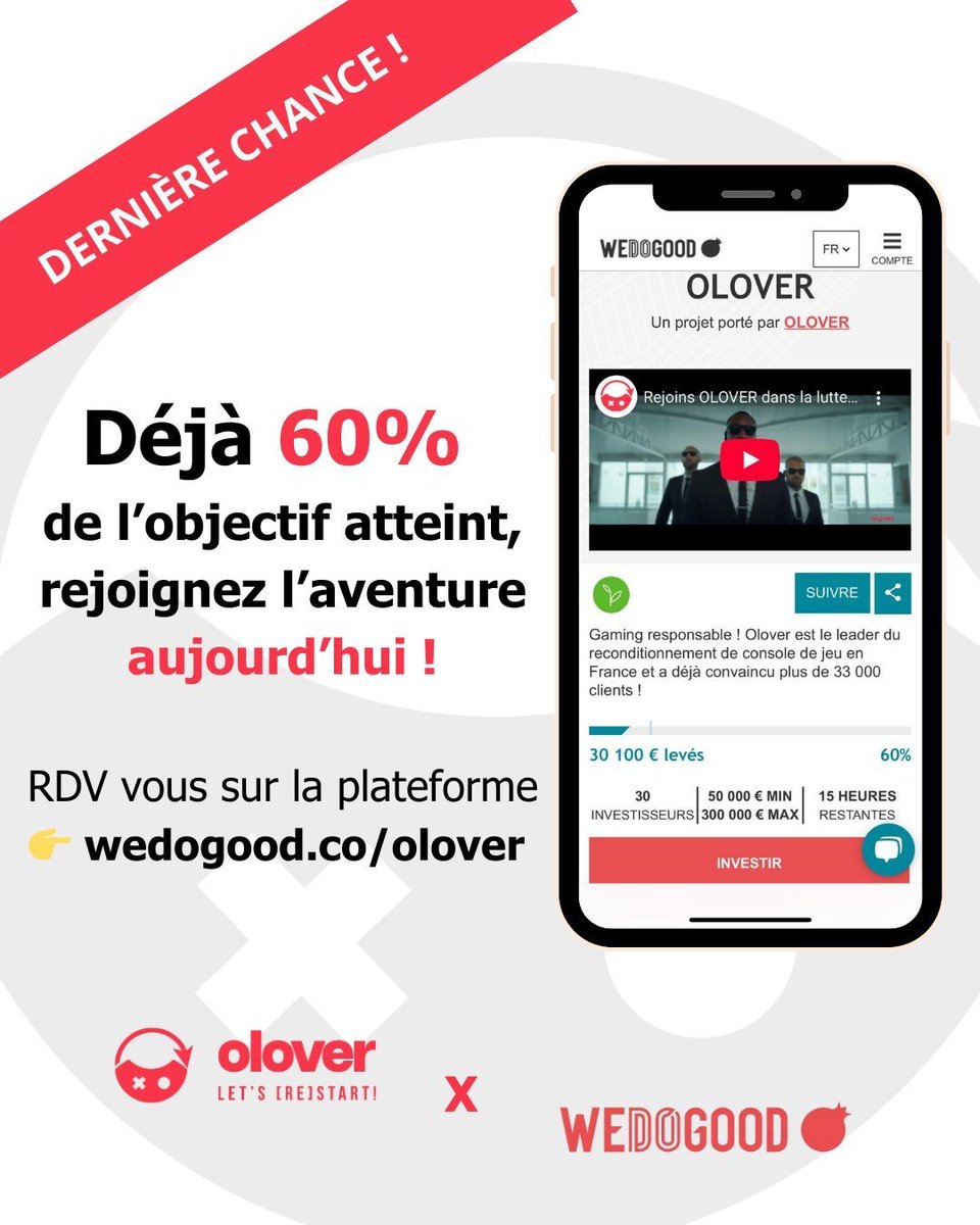 👾♻️ Lets gooo ! Ce sont les dernières heures pour rejoindre l’aventure 🚀 
Un rendement de 19,95% bruts sous forme de royalties  (et notre carte de membre offerte pendant un an en bonus ! 🎁🤗).  N’attendez plus, c’est à partir de 100€ !
➡️ RDV sur : wedogood.co/olover 👍