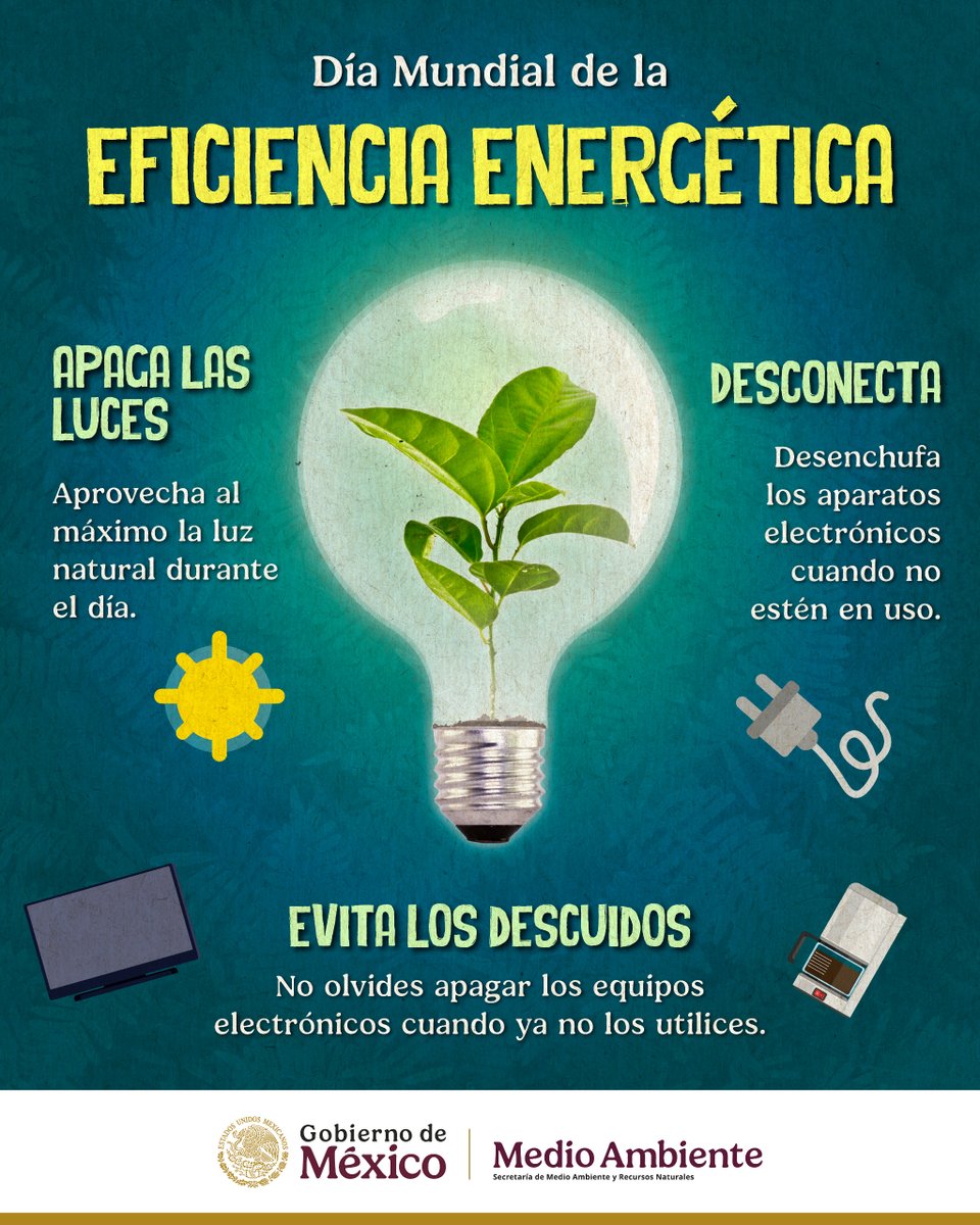 SEMARNAT_mx's tweet photo. ✨ La #EficienciaEnergética es la actividad de ahorrar energía respecto a la manera de consumirla. 🔋💡🍃

La meta es hacer más con menos teniendo impactos positivos en el ambiente.

➖ consumo de energía por producto o servicio.
➕ eficiencia y mejor productividad. 

Aunque parezcan pequeñas, estas acciones pueden generar grandes cambios. ⚡🌍
