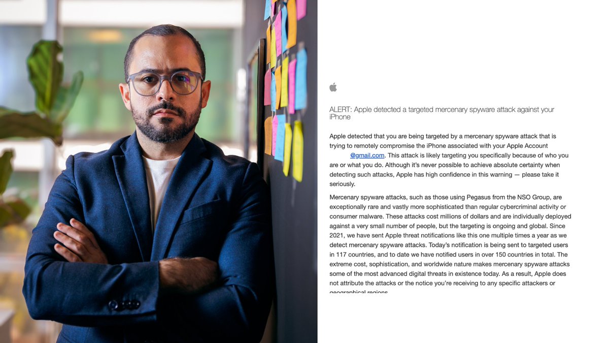 Denuncio publicamente que a través de una alerta, Apple acaba de informarme que mi iPhone fue atacado con Pegasus, un software de espionaje usado contra periodistas y figuras públicas. Esto es una grave amenaza contra la libertad de prensa. 

¿Quién está detrás de esto? 

Esta es