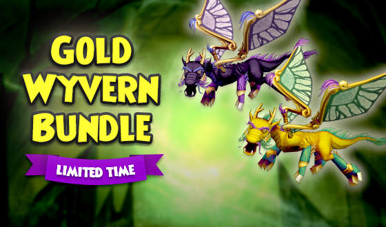 Wizard101's tweet photo. Harness both light and dark. 💡🖤

The Gold Wyvern Bundle is back in the Crown Shop! This bundle includes the Gold Wyvern Mount, Night Wyvern Mount, and a Mega Snack Pack for less than it would cost to buy them separately. Catch it before it soars away on 3/9! #Wizard101 https://t.co/B5mFkC4yBH