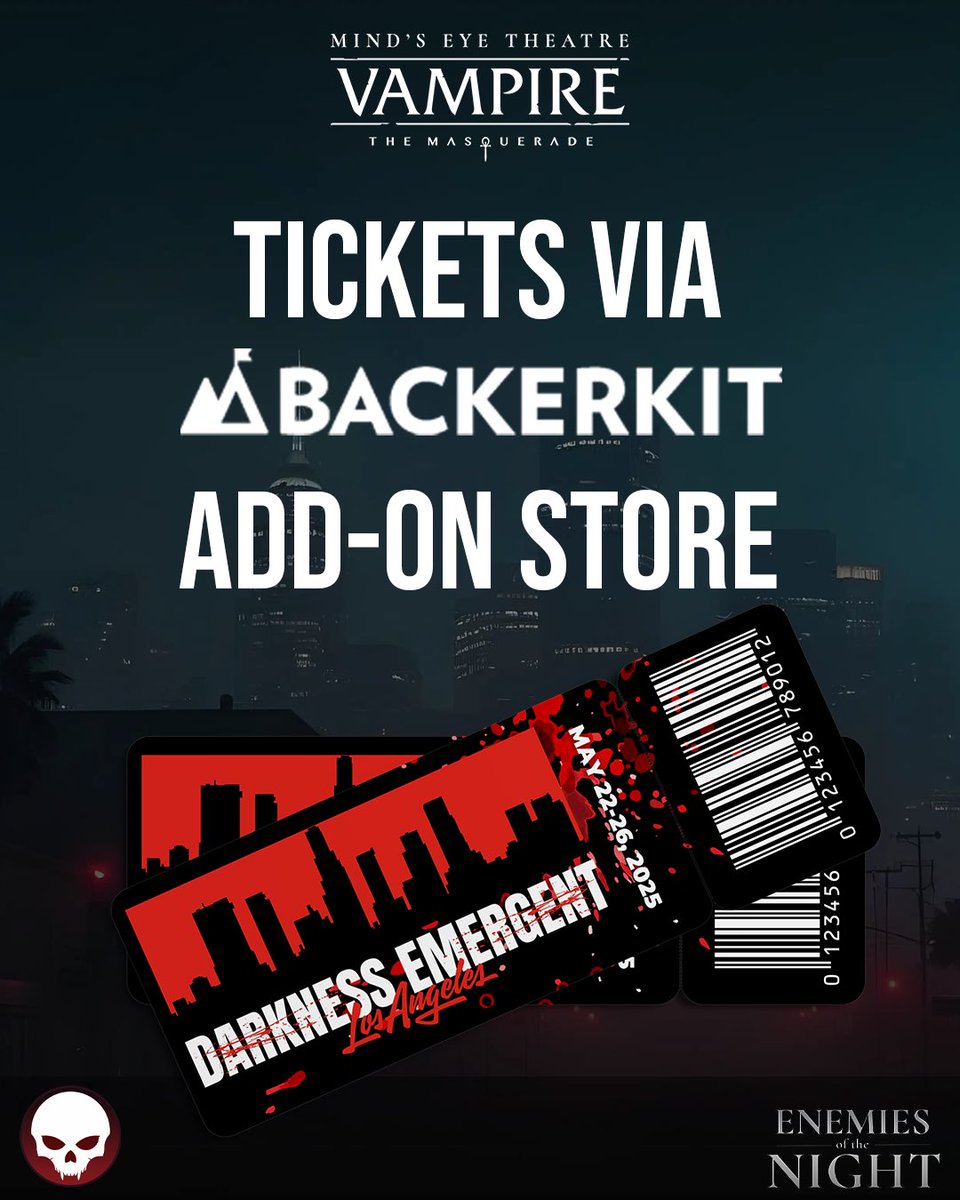 MET VtM: Enemies of the Night launched yesterday &amp; is already funded! New disciplines, loresheets &amp; more!

Haven’t grabbed your #DarknessEmergent ticket? Back now &amp; bundle it with your BackerKit purchase!

tinyurl.com/Enemies-of-the…