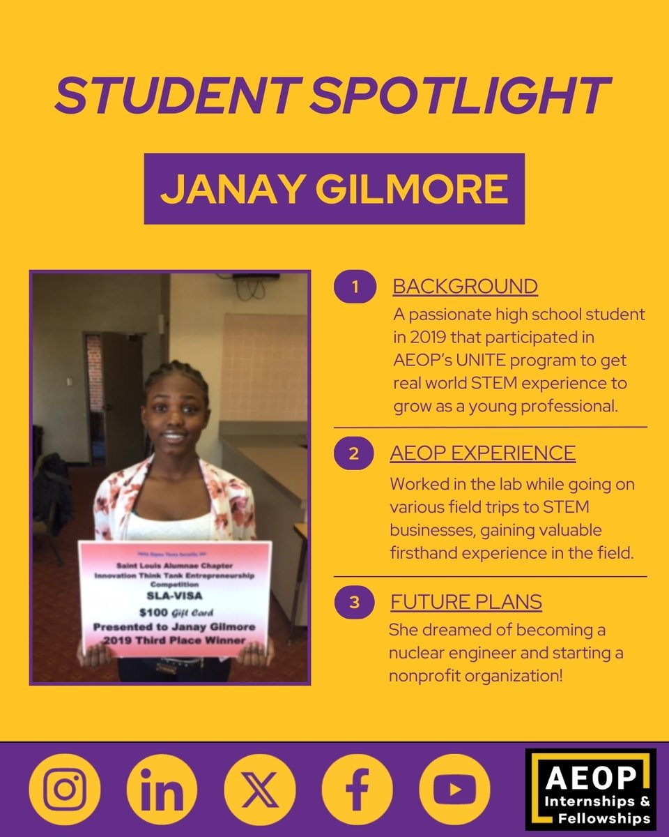 aeopiandf's tweet photo. โผ๏ธSTUDENT SPOTLIGHTโผ๏ธ
Looking back to 2019, Janay Gilmore participated in AEOP's UNITE programs, taking her dreams of nuclear engineering to the next level, gaining firsthand experience ๐
๐ Read more - https://t.co/wNIoofZeAv
#AEOP #FutureLeaders #FutureInSTEM #STEMEducation https://t.co/kcQvZ6sSEy