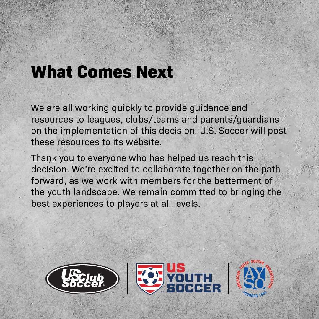 US Club Soccer (@usclubsoccer) on Twitter photo π¨ Effective with the 2026-27 season, US Club Soccer, <a href="/USYouthSoccer/">US Youth Soccer</a> and <a href="/AYSO_Soccer/">AYSO</a> are transitioning to an age group formation cycle of Sept. 1-Aug. 31.
Resources and more info will be posted on the <a href="/ussoccer/">U.S. Soccer</a> website soon. π¨ Effective with the 2026-27 season, US Club Soccer, <a href="/USYouthSoccer/">US Youth Soccer</a> and <a href="/AYSO_Soccer/">AYSO</a> are transitioning to an age group formation cycle of Sept. 1-Aug. 31.
Resources and more info will be posted on the <a href="/ussoccer/">U.S. Soccer</a> website soon.