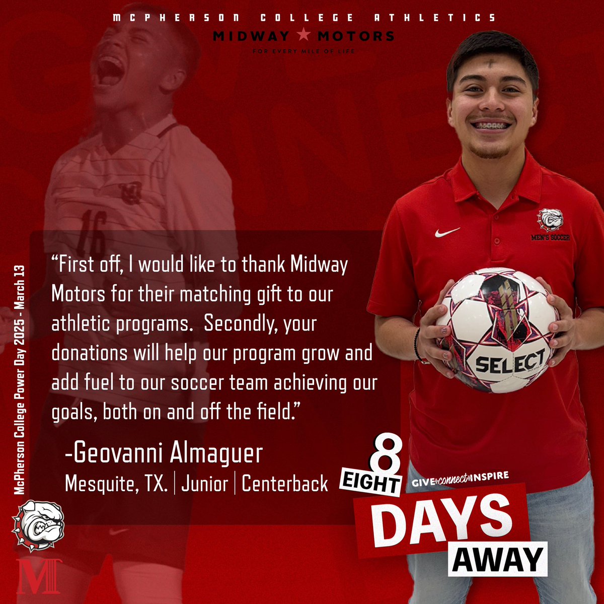 There’s just EIGHT days to go until #PowerDay2025! Your donations can help Bulldogs like Men’s Soccer’s Geovanni Almaguer continue to chase their championship goals!

Once again, a HUGE thank you to Midway Motors for their $25,000 Power Day Matching Gift! 

#BulldogPride