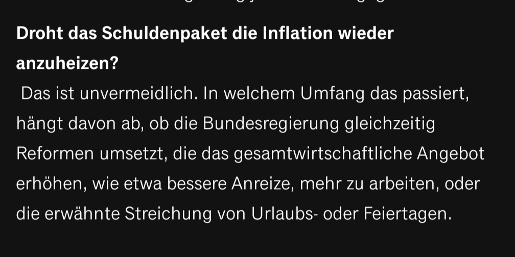 FDalken's tweet photo. Wichtig: @FuestClemens vom @ifo_Institut  betont heute im @handelsblatt , dass die geplanten Schuldenpakete die Inflation unvermeidbar anheizen.

Es sollte also immer bedacht werden, dass staatliche Ausgabenexzesse nicht folgenlos bleiben - gerade auch für die, die wenig haben. https://t.co/pSgM15MiEX