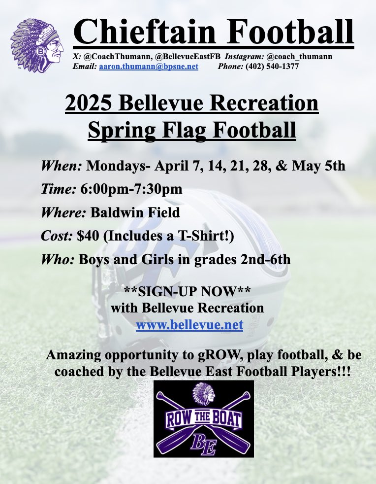 Bellevue East Football (@bellevueeastfb) on Twitter photo Spring Flag Football with <a href="/BellRecreation/">Bellevue Recreation</a> is just a month away!
Can’t wait to help the kids gROW!
Learn the game, have some fun, & Change Your Best with our Chieftain Football Players & Coaches!
Sign-Up Here: ne.accessgov.com/city-bellevue-… Spring Flag Football with <a href="/BellRecreation/">Bellevue Recreation</a> is just a month away!
Can’t wait to help the kids gROW!
Learn the game, have some fun, & Change Your Best with our Chieftain Football Players & Coaches!
Sign-Up Here: ne.accessgov.com/city-bellevue-…