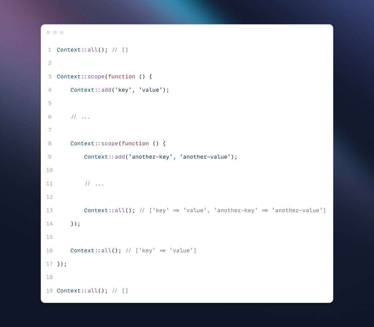 laracasts's tweet image. New in Laravel 12.1.0 (first minor release of Laravel 12) — the `Context::scope()` method.

Temporarily modify the context within a callback and restore to its original state when the callback is done executing. 🔁

// NJ