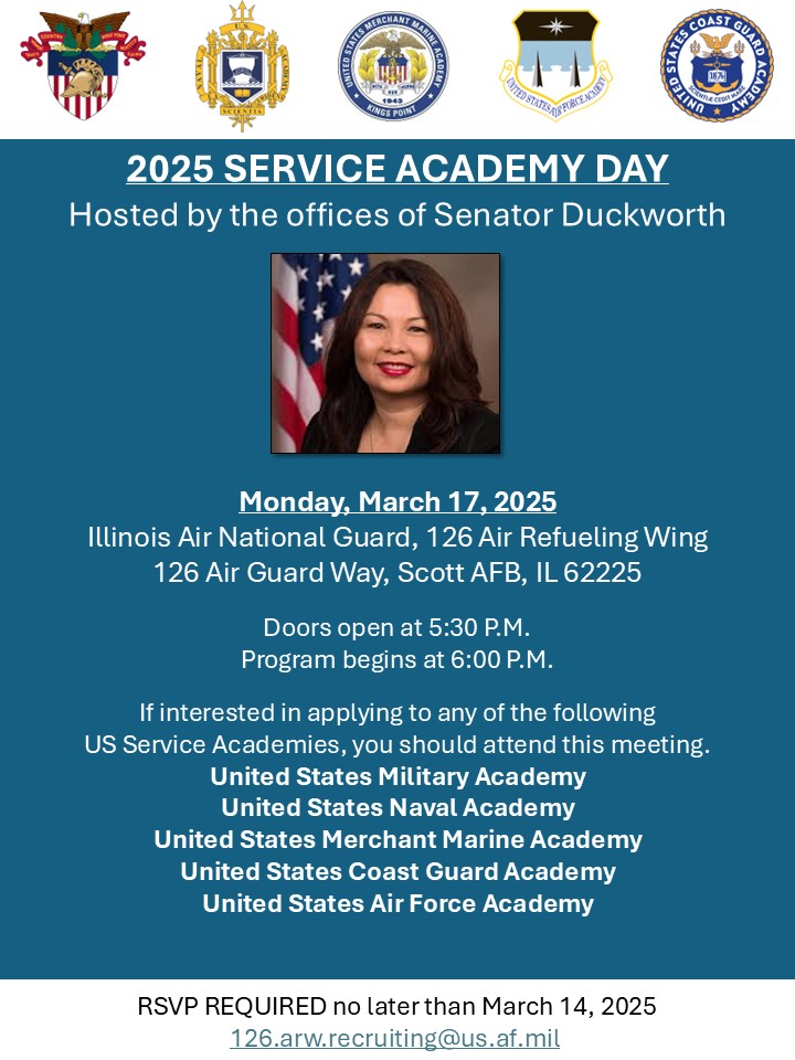 126th Air Refueling Wing (@126arw) on Twitter photo We're excited to host a Service Academy Night on behalf of Sen. Duckworth’s office at 6 pm on Mar 17 in the Hangar. <a href="/IL_Natl_Guard/">IL National Guard</a>
@126arwrecruiting We're excited to host a Service Academy Night on behalf of Sen. Duckworth’s office at 6 pm on Mar 17 in the Hangar. <a href="/IL_Natl_Guard/">IL National Guard</a>
@126arwrecruiting
