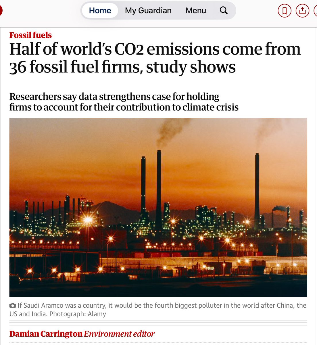 #MakeThePolluterPay
2023 data makes case for making fossil fuel companies pay for their contribution to #ClimateChange. 
36 companies eg Saudi Aramco, Coal India, ExxonMobil, Shell &amp; Chinese companies, produced #FossilFuel responsible for &gt;20bn tonnes of CO2 in 2023.