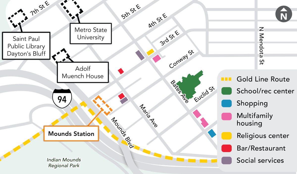 Mounds Station is located at the intersection of Kellogg Boulevard and Mounds Boulevard in St. Paul. The station is within a short distance to Dayton’s Bluff Elementary and the Dayton’s Bluff Recreation Center. This is the final westbound station before reaching downtown.