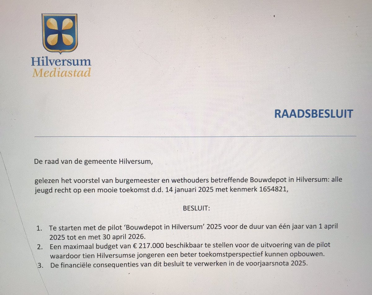 Het #bouwdepot hetbouwdepot.nl een mooi initiatief waardoor jongeren met wat hulp kunnen werken aan een mooie toekomst #SP raadslid <a href="/BiancaVerweij/">Bianca Verweij</a> diende op 8/11/24 een motie in om dit ook in Hilversum te doen. Vanavond besloot <a href="/RaadHilversum/">RaadHilversum</a> unaniem een pilot te starten