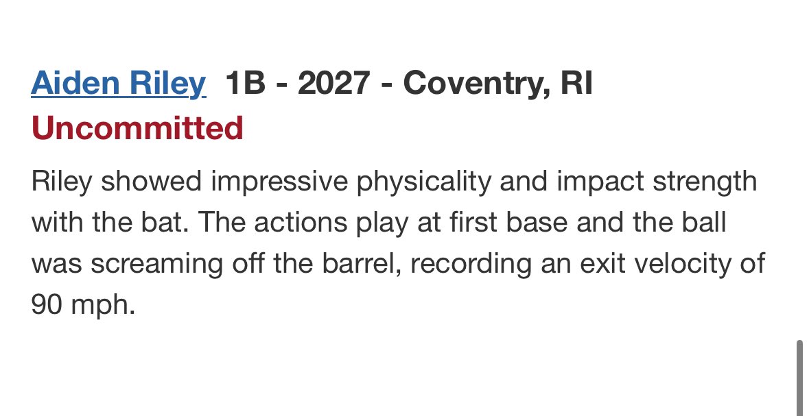 Aiden Riley (@aidenriley3355) on Twitter photo Thank you <a href="/PerfectGameUSA/">Perfect Game USA</a>!
#uncommited
<a href="/BUncommitted/">Baseball_Uncommitted</a>
@BBUncommitted
<a href="/UncommittedUsa/">UncommittedPlayersUSA</a>
<a href="/CoastRecruits/">Coast 2 Coast Recruits</a> Thank you <a href="/PerfectGameUSA/">Perfect Game USA</a>!
#uncommited
<a href="/BUncommitted/">Baseball_Uncommitted</a>
@BBUncommitted
<a href="/UncommittedUsa/">UncommittedPlayersUSA</a>
<a href="/CoastRecruits/">Coast 2 Coast Recruits</a>