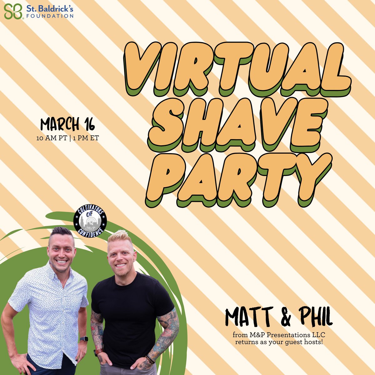 St. Baldrick's Foundation (@stbaldricks) on Twitter photo Who’s ready to #ConquerKidsCancer? Join your awesome hosts, Matt and Phil from <a href="/MPPresentations/">M&P Presentations</a>, via Zoom on March 16 for a virtual head-shaving event! Raise funds, spread awareness, and give kids #hope. Register today: ow.ly/Tw3050Vbk7Q! 💛✨ Who’s ready to #ConquerKidsCancer? Join your awesome hosts, Matt and Phil from <a href="/MPPresentations/">M&P Presentations</a>, via Zoom on March 16 for a virtual head-shaving event! Raise funds, spread awareness, and give kids #hope. Register today: ow.ly/Tw3050Vbk7Q! 💛✨
