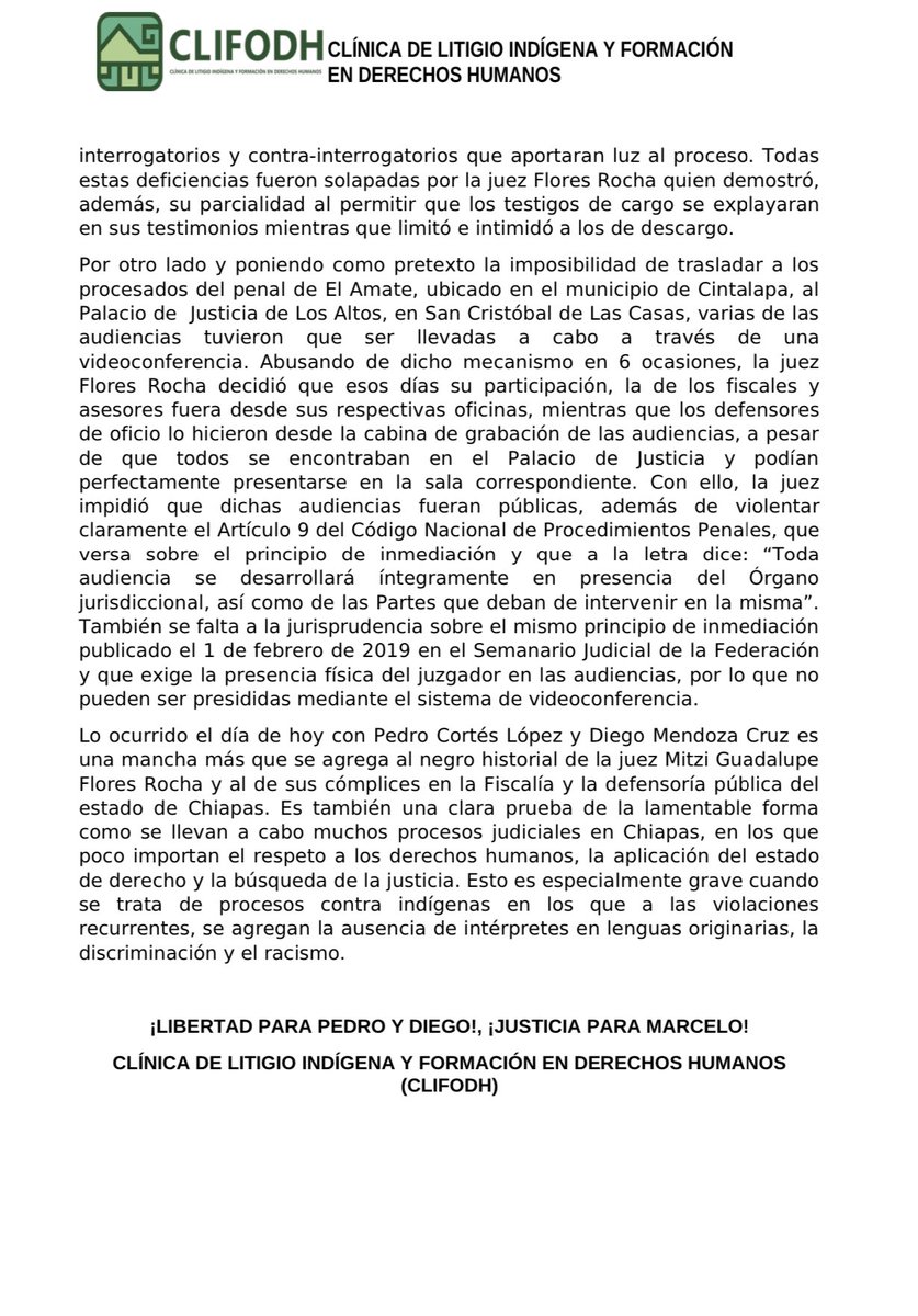 ⚠️Comunicado de Clínica de Litigio Indigena y Formación en Derechos Humanos, sobre la sentencia condenatoria dictada el día 04 de marzo, en contra de Pedro Cortes y Diego Mendoza.

Les imponen condena de 110 años a cada uno.