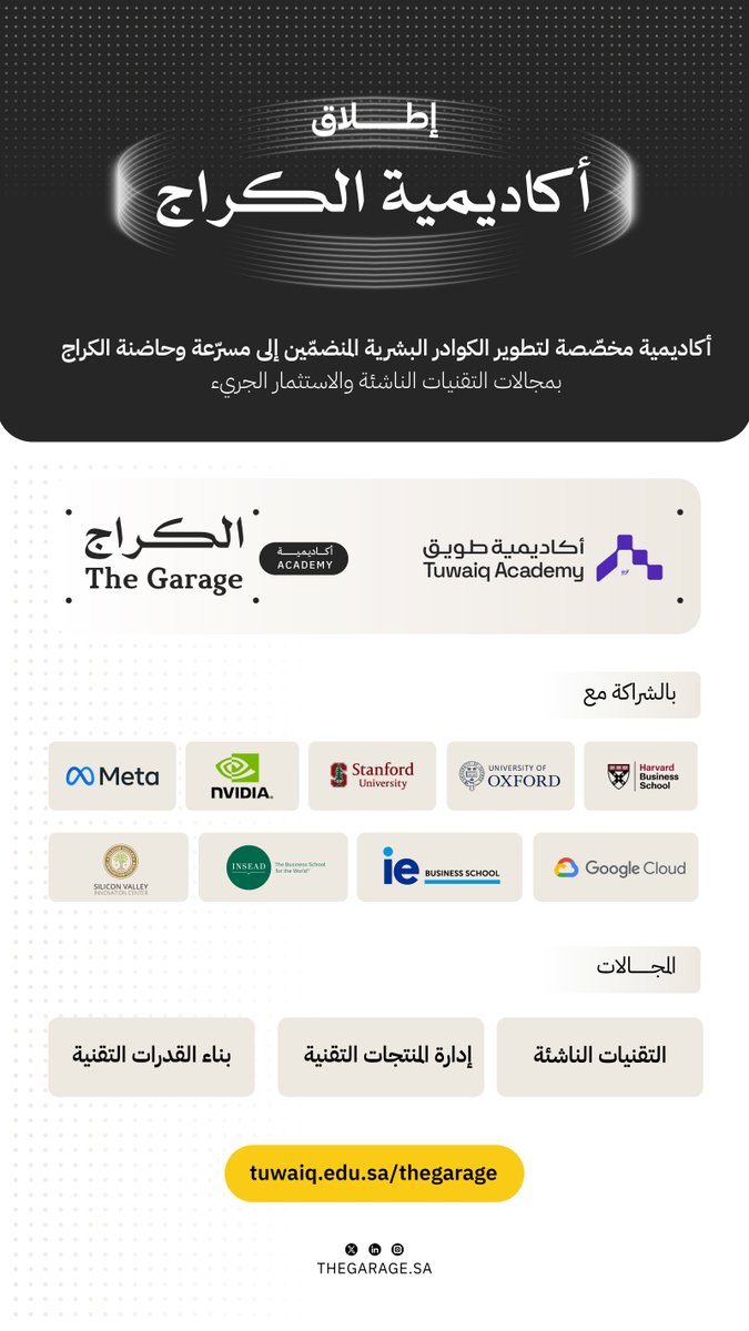The Garage | الكــراج (@thegarageksa) on Twitter photo لدعم مشاريع مُسرّعة وحاضنة الكراج 🚀👏🏻
نُعلن عن إطلاق #أكاديمية_الكراج بالشراكة مع <a href="/TuwaiqAcademy/">أكاديمية طويق</a> ببرامج احترافية عالميّة في التقنيات الناشئة وإدارة المنتجات التقنية.
للتسجيل: tuwaiq.edu.sa/thegarage لدعم مشاريع مُسرّعة وحاضنة الكراج 🚀👏🏻
نُعلن عن إطلاق #أكاديمية_الكراج بالشراكة مع <a href="/TuwaiqAcademy/">أكاديمية طويق</a> ببرامج احترافية عالميّة في التقنيات الناشئة وإدارة المنتجات التقنية.
للتسجيل: tuwaiq.edu.sa/thegarage