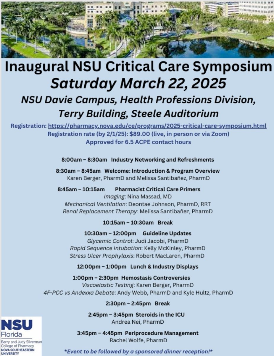 Karen Berger (@karenccrx) on Twitter photo Registration is open for our inaugural NSU Critical Care Symposium!
✅️Guideline updates
✅️Crit Care primers
✅️ Reversal debate
✅️ Steroids in the ICU
✅️ Periop mgmt
<a href="/NSUFlorida/">Nova Southeastern U.</a> @judijacobi <a href="/NinaMassad/">Nina Massad, MD</a>
<a href="/AJWPharm/">Andy Webb</a> <a href="/PharmDAware/">PharmDAware</a> <a href="/Dre_pharmd/">Andrea Nei</a> <a href="/PharmacyToDose/">Pharmacy To Dose: The Critical Care Podcast</a> <a href="/MeliSantiSamp/">Melissa Santibanez</a> Registration is open for our inaugural NSU Critical Care Symposium!
✅️Guideline updates
✅️Crit Care primers
✅️ Reversal debate
✅️ Steroids in the ICU
✅️ Periop mgmt
<a href="/NSUFlorida/">Nova Southeastern U.</a> @judijacobi <a href="/NinaMassad/">Nina Massad, MD</a>
<a href="/AJWPharm/">Andy Webb</a> <a href="/PharmDAware/">PharmDAware</a> <a href="/Dre_pharmd/">Andrea Nei</a> <a href="/PharmacyToDose/">Pharmacy To Dose: The Critical Care Podcast</a> <a href="/MeliSantiSamp/">Melissa Santibanez</a>
