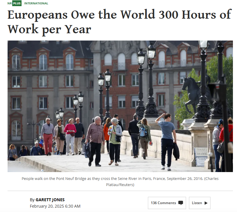 3 paths to a Europe that can afford a military:

1. Cut social spending
2. Boost productivity per hour
3. Work more hours

#2 is hard to quickly put into practice, but #1 and #3 are doable quickly by cutting G and T modestly, and halfway liberalizing the labor market.