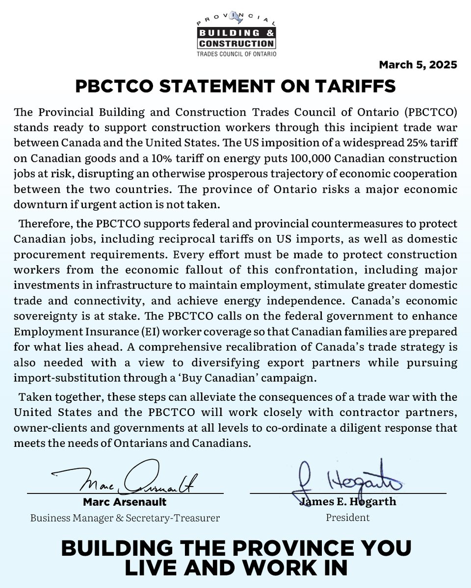 The Ontario Building Trades stands ready to support construction workers through this incipient trade war between Canada and the United States. #tariffs