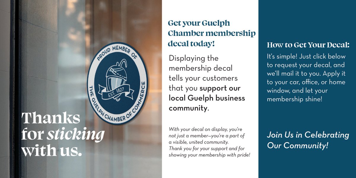 🥰We're SO proud of our members-innovative entrepreneurs  &amp; dedicated community builders. Show your pride with a "Proud #GuelphChamber member" decal! Get yours &amp; display it on your office door, laptop, or water bottle.🫶Thanks for *sticking* with us!
bit.ly/46TpNkA