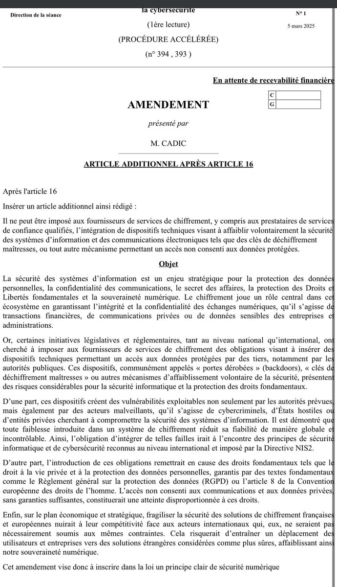 marc rees (@reesmarc) on Twitter photo La proposition de loi #narcotrafic menace donc le chiffrement en France.
Le projet de loi résilience vient apporter une petite contrariété, sous la plume de <a href="/OlivierCadic/">Olivier Cadic</a>
« Insérer un article additionnel ainsi rédigé :
Il ne peut ĂȘtre imposĂ© aux fournisseurs de services de La proposition de loi #narcotrafic menace donc le chiffrement en France.
Le projet de loi résilience vient apporter une petite contrariété, sous la plume de <a href="/OlivierCadic/">Olivier Cadic</a>
« Insérer un article additionnel ainsi rédigé :
Il ne peut ĂȘtre imposĂ© aux fournisseurs de services de