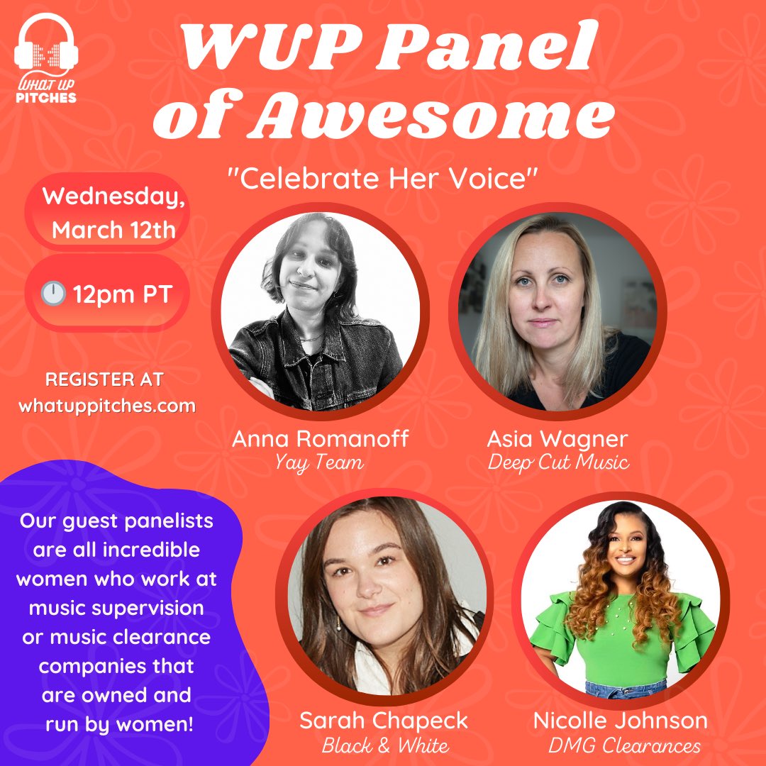 In celebration of Women’s History Month, we’ll be hosting a panel called “Celebrate Her Voice” on Wednesday, March 12th from 12-1pm PST. Join us!
Register now: whatuppitches.com