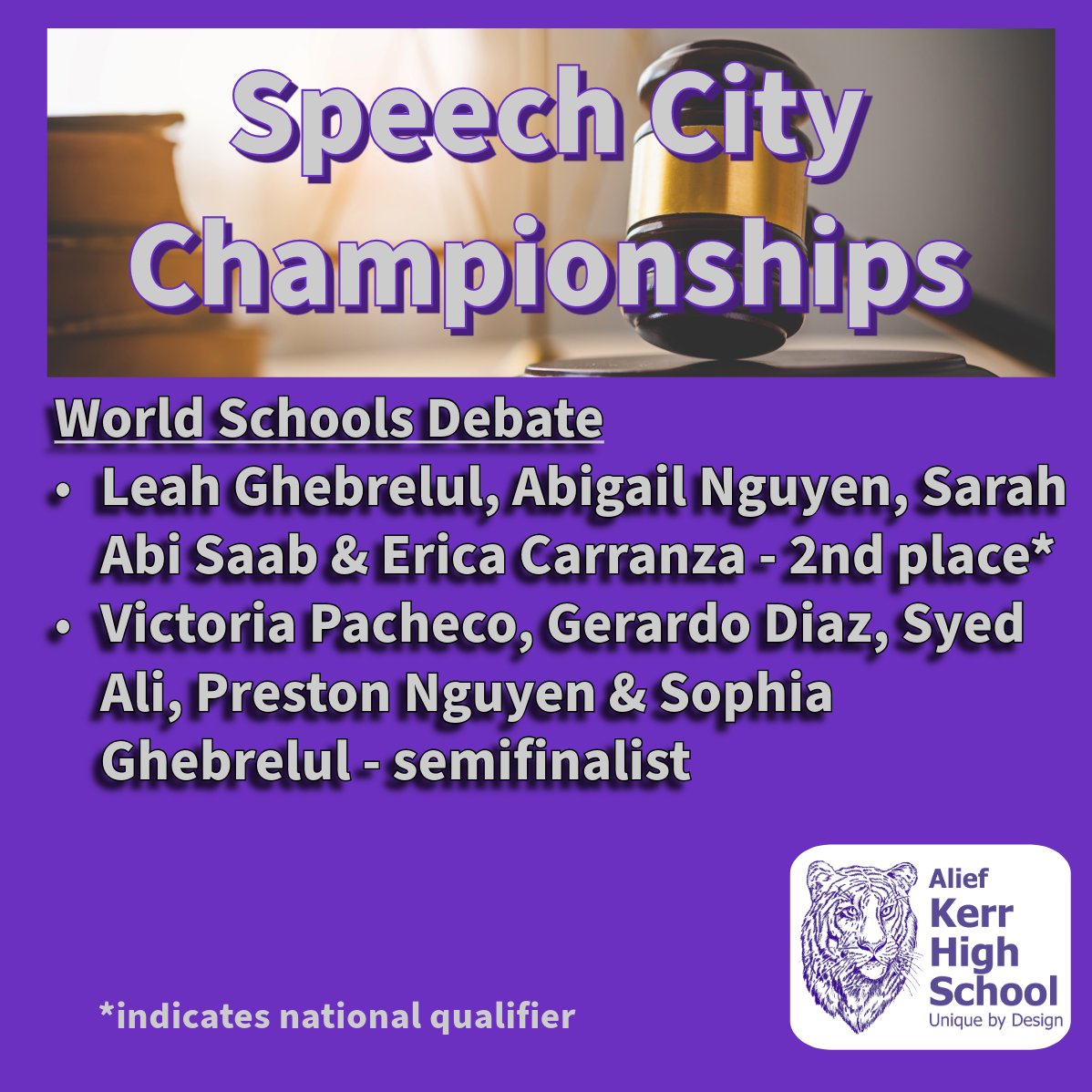 The Speech and Debate team recently attended the City Championships, earning awards for 16 students. Two teams qualified for the National Speech &amp; Debate
Association tournament this summer and earned scholarships to help get them there!
#kerrtigersfigureitout #alieffinearts
