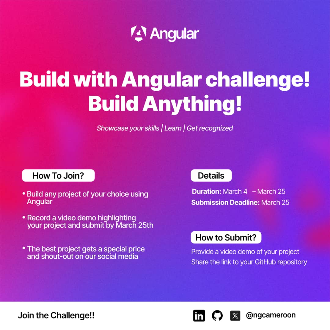 Let's get down to this months' challenge🥳

Using angular, build a project from now to the 25th of March. Make a demo video of your project, post it on your socials tagging <a href="/ngcameroon/">Angular Cameroon</a>. Include link to GitHub repo.

Get your hands dirty 😁
<a href="/angular/">Angular</a>
#NgCameroon #Angular #Challenge