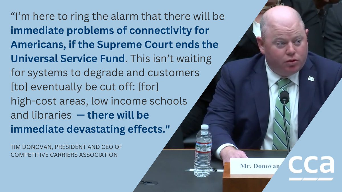 CCAmobile's tweet image. On @DorisMatsui’s inquiry about the potential impacts of the elimination of the #UniversalServiceFund by the Supreme Court to CCA members, @TimmyDonovan: "For those in high-cost areas, low-income schools and libraries, there will be immediate devastating effects." @EnergyCommerce