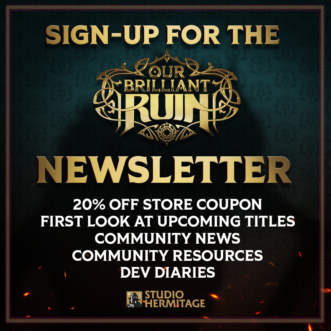 Sign-up for the newsletter to keep on top of everything Our Brilliant Ruin!

New sign-ups get 20% for the store plus insider looks at what we and the community are getting up to.

Stay up to date: tinyurl.com/OurBrilliantRu…