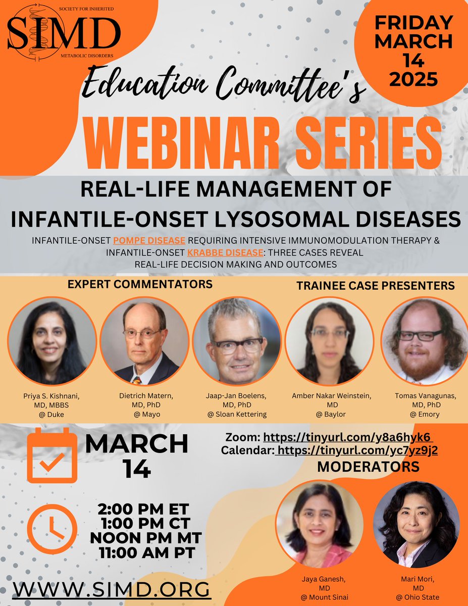 NEXT WEEK!
SIMD Education Committee's Webinar Series:
Real-life Management of Infantile-onset Lysosomal Diseases
Friday, March 14, 2025
2:00 PM ET/ 1:00 PM CT/ NOON PM MT/ 11:00 AM PT
simd.org/wp-content/upl…

#LysosomalDisorders
#KrabbeDisease
#PompeDisease