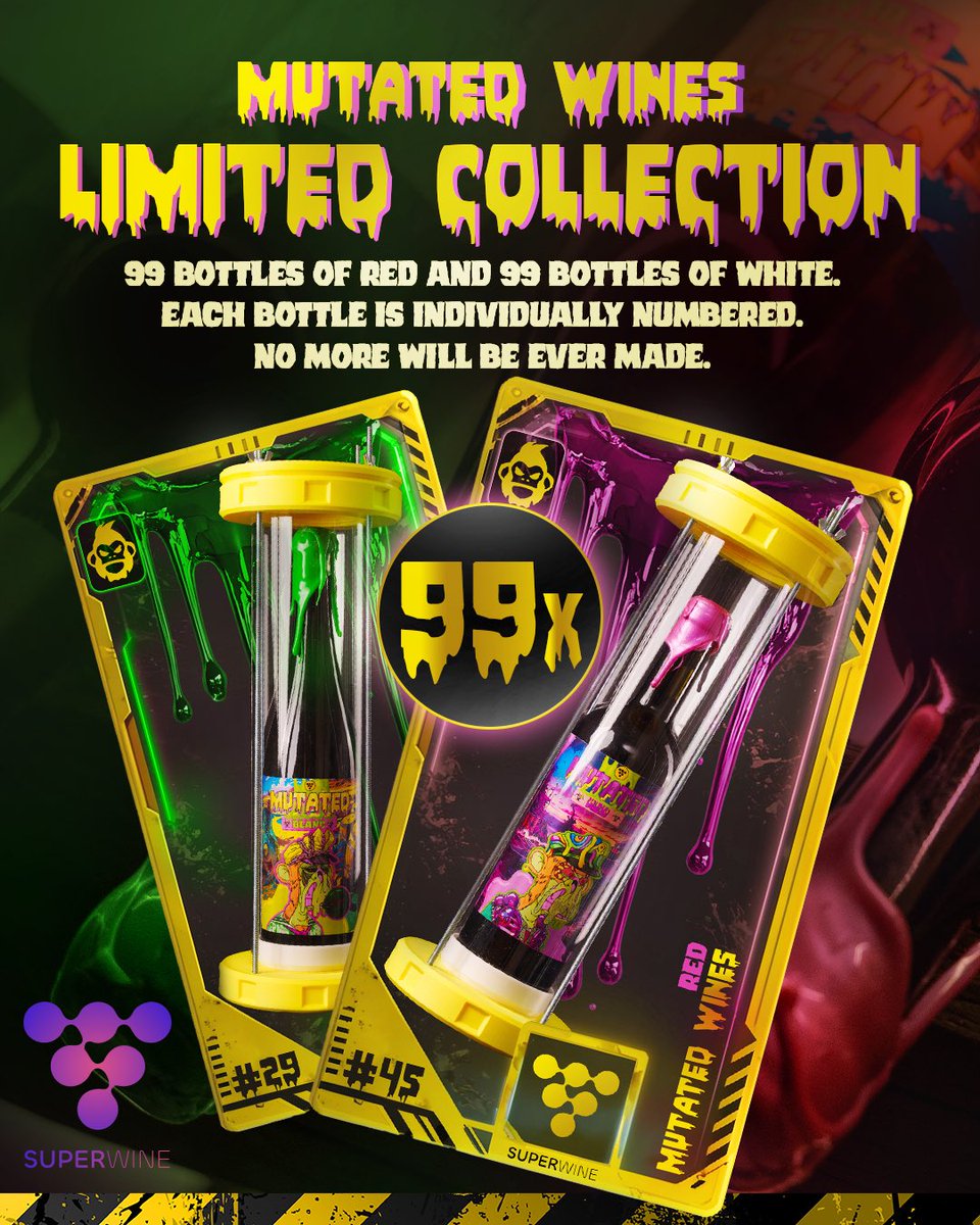 The Mutated Wine Collection isn’t just a drink—it’s a collector’s artifact.

99 Blanc &amp; 99 Red bottles, each linked to an NFT. Stored in serum-themed capsules for ultimate preservation

Holders get exclusive perks in the SuperWine ecosystem

Ready to unlock your mutant vintage?