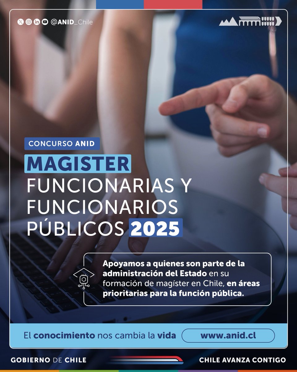 ¡Atención funcionarias y funcionarios públicos! Ya están abiertas las postulaciones a la convocatoria 2025 🎓 Si deseas iniciar o continuar estudios de magíster en programas chilenos acreditados, esta es tu oportunidad. Conoce más detalles y requisitos en anid.cl/concursos/magi…