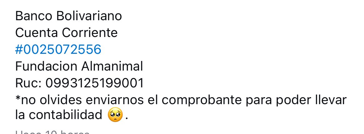 <a href="/almanimalec/">Fundación Almanimal</a> Pueden hacer sus donaciones a esta cuenta y enviar su comprobante a la cuenta de instagram de la fundación, la pueden buscar como fundacion_almanimal. GRACIAS! 🙏🏻