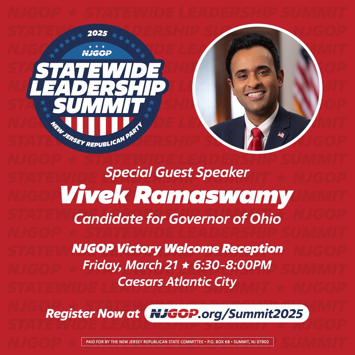 New Jersey GOP (@njgop) on Twitter photo 🔥 BIG NEWS —> <a href="/VivekGRamaswamy/">Vivek Ramaswamy</a> will join us at the NJGOP Statewide Leadership Summit as a Special Guest Speaker!
Join us on March 21-22 to hear from one of the most dynamic voices in the conservative movement! Don’t miss it!
🎟 Register now: rb.gy/j4ytmu 🔥 BIG NEWS —> <a href="/VivekGRamaswamy/">Vivek Ramaswamy</a> will join us at the NJGOP Statewide Leadership Summit as a Special Guest Speaker!
Join us on March 21-22 to hear from one of the most dynamic voices in the conservative movement! Don’t miss it!
🎟 Register now: rb.gy/j4ytmu