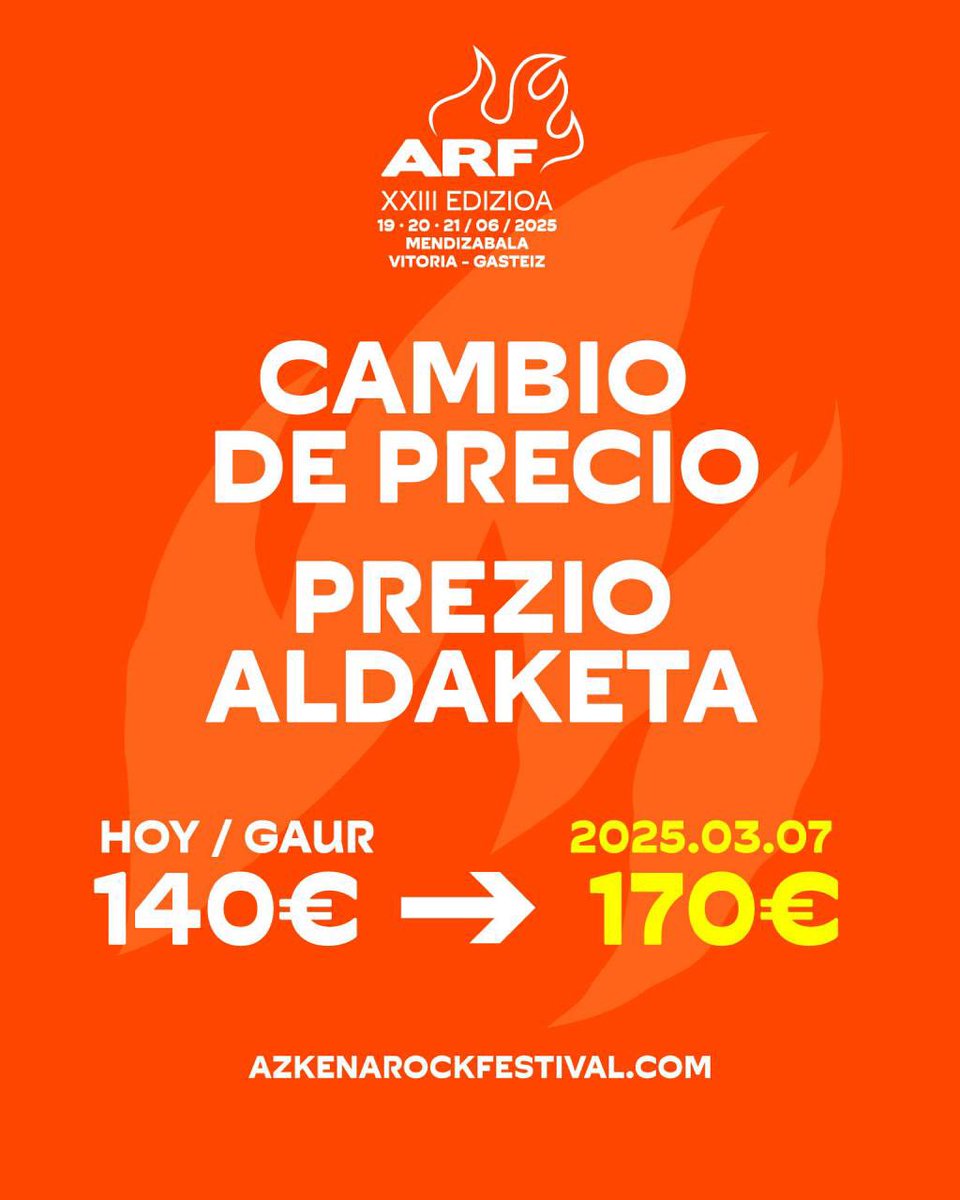Atentxs! El 7 de marzo sube el precio del bono del Azkena 🔥
No esperes al último momento, hazte con tu bono antes de la subida y prepárate para tres días de puro rock &amp; roll. 🎸⚡

🎟 Corre antes de que sea tarde! 👉 azkenarockfestival.com
