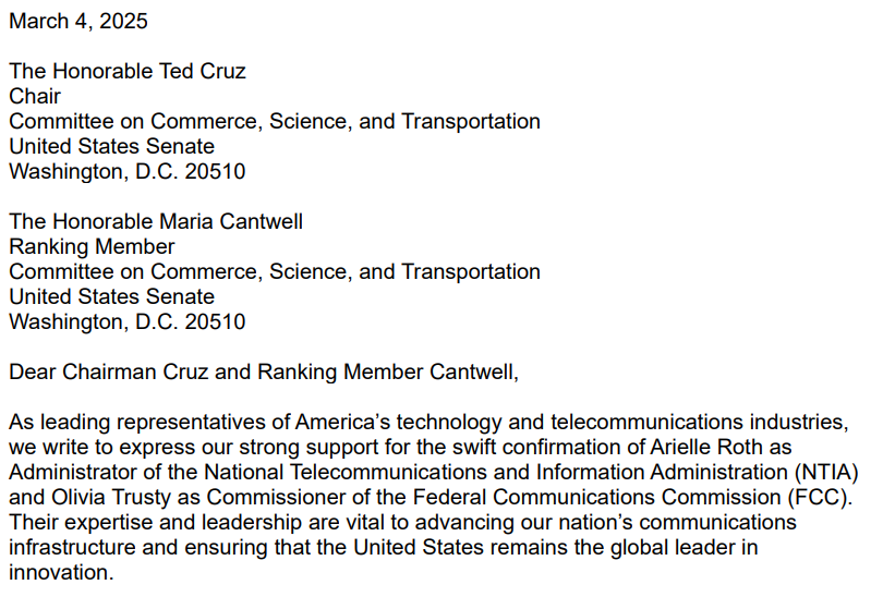This week <a href="/CTATech/">Consumer Tech Association</a> together w/ more than a dozen groups urged <a href="/SenTedCruz/">Senator Ted Cruz</a> &amp; <a href="/SenatorCantwell/">Sen. Maria Cantwell</a> to proceed swiftly to confirm <a href="/ArielleRoth/">Arielle Roth</a> as <a href="/NTIAgov/">NTIA</a> Administrator &amp; Olivia Trusty as <a href="/FCC/">FCC</a> Commissioner, so they can get to work on behalf of the American people tinyurl.com/44x9748d