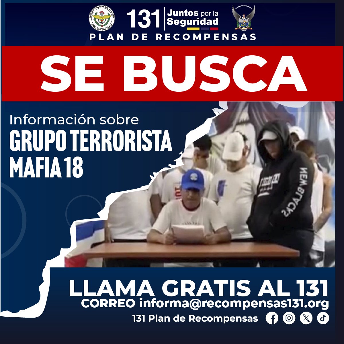 𝗔𝗬𝗨𝗗𝗔𝗡𝗢𝗦 𝗔 𝗗𝗔𝗥 𝗖𝗢𝗡 𝗦𝗨 𝗣𝗔𝗥𝗔𝗗𝗘𝗥𝗢 Fuerzas Armadas y Policía Nacional cuentan contigo en esta lucha. Si tienes información verificada sobre el GDO MAFIA 18, su ubicación, armas de fuego, drogas, explosivos, cabecillas y escondites, INFORMA.