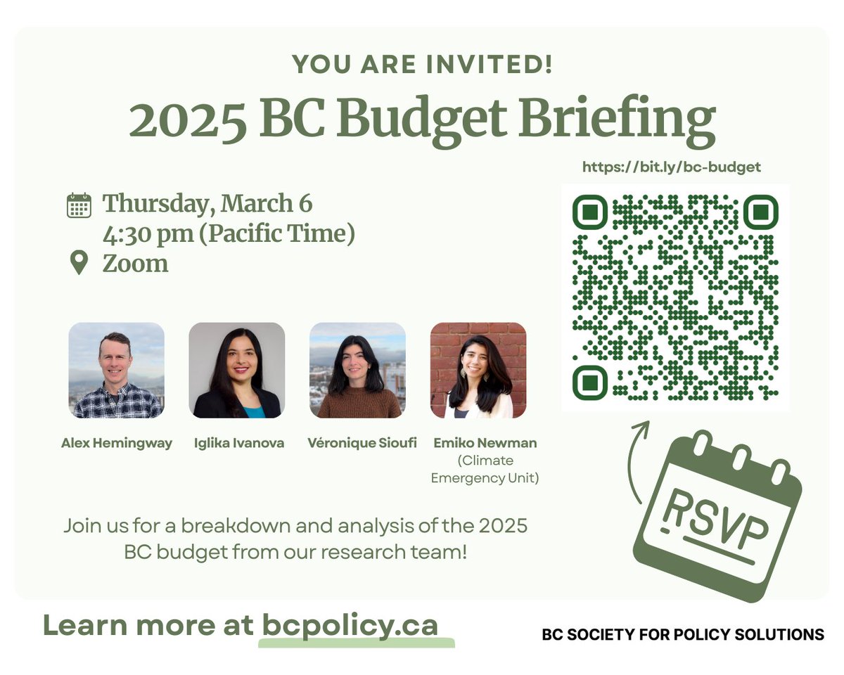 BC Policy Solutions (@bcpolicysociety) on Twitter photo For a breakdown and analysis of the 2025 #BCBudget, join senior economists <a href="/1alexhemingway/">Alex Hemingway</a> & <a href="/IglikaIvanova/">Iglika Ivanova</a>, researcher
<a href="/VeroSioufi/">Véronique Sioufi</a> & special guest Emiko Newman
from <a href="/climate_unit/">Climate Emergency Unit</a>:
March 6 @ 4:30pm PST.
bit.ly/bc-budget | Please spread the word! For a breakdown and analysis of the 2025 #BCBudget, join senior economists <a href="/1alexhemingway/">Alex Hemingway</a> & <a href="/IglikaIvanova/">Iglika Ivanova</a>, researcher
<a href="/VeroSioufi/">Véronique Sioufi</a> & special guest Emiko Newman
from <a href="/climate_unit/">Climate Emergency Unit</a>:
March 6 @ 4:30pm PST.
bit.ly/bc-budget | Please spread the word!
