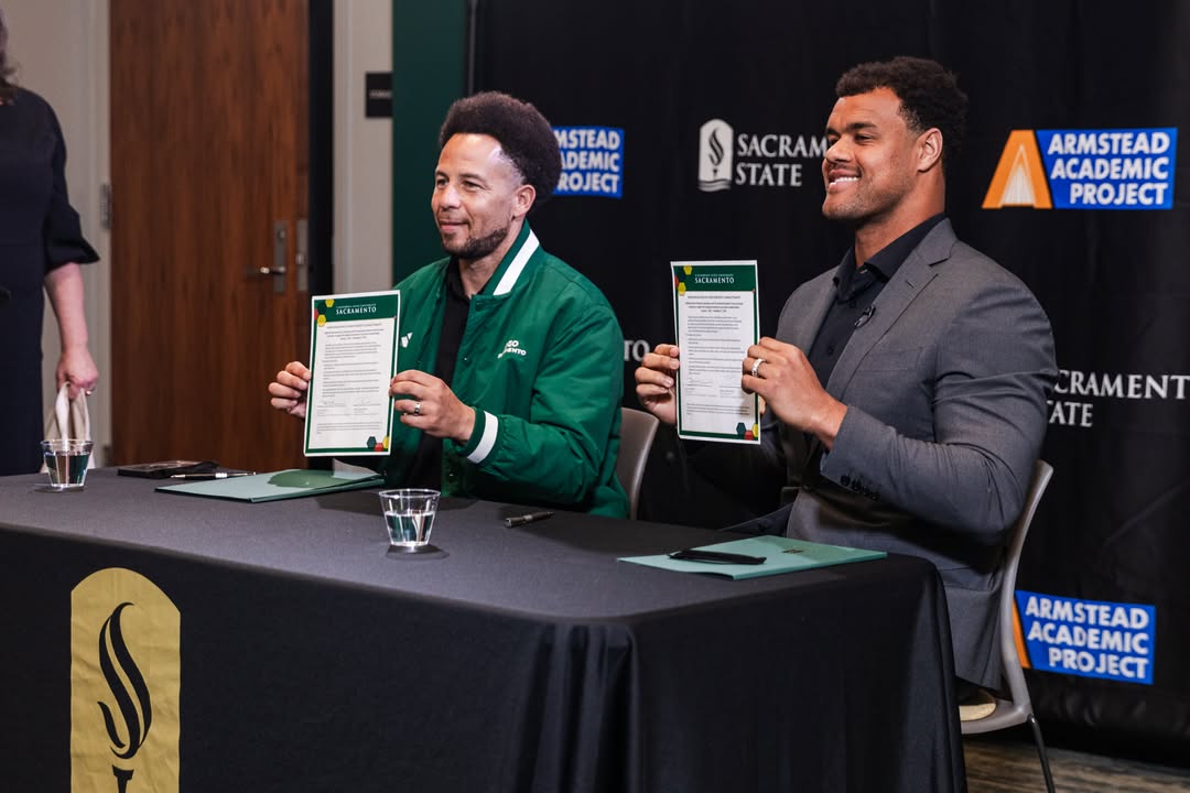 Sacramento State (@sacstate) on Twitter photo Sacramento State has partnered with beloved Elk Grove native and <a href="/NFL/">NFL</a> star <a href="/arikarmstead/">Arik Armstead</a> and his nonprofit the <a href="/ArmsteadProject/">Armstead Academic Project</a> (AAP) to guarantee admission to underserved youth.
President <a href="/DrLukeWood/">Dr. Luke Wood</a> and Armstead signed the memorandum of partnership commitment during a ceremony Sacramento State has partnered with beloved Elk Grove native and <a href="/NFL/">NFL</a> star <a href="/arikarmstead/">Arik Armstead</a> and his nonprofit the <a href="/ArmsteadProject/">Armstead Academic Project</a> (AAP) to guarantee admission to underserved youth.
President <a href="/DrLukeWood/">Dr. Luke Wood</a> and Armstead signed the memorandum of partnership commitment during a ceremony