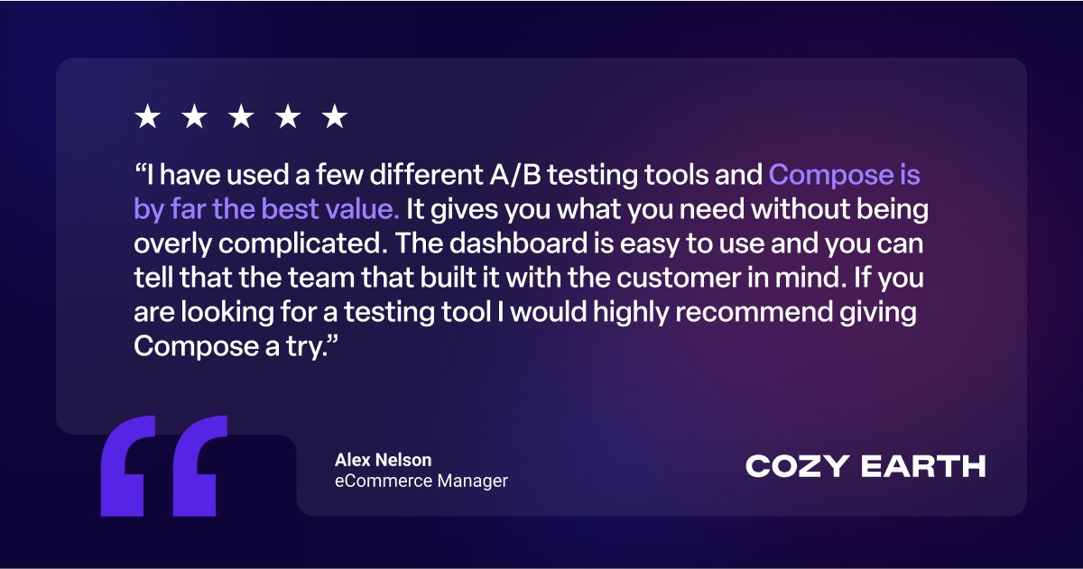 ComposeHQ's tweet photo. ⭐Review from one of our amazing clients! ⭐

Compose makes A/B testing simple, effective, &amp; valuable–no complexity, just results. 📈Try Compose today &amp; boost your conversions! 🚀

#ABTesting #CRO #Ecommerce #Compose https://t.co/zI6Xe7bYum